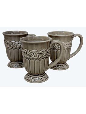 3 Drake Design Tuscan Scroll Fleur De Lis Taupe Coffee Mugs
